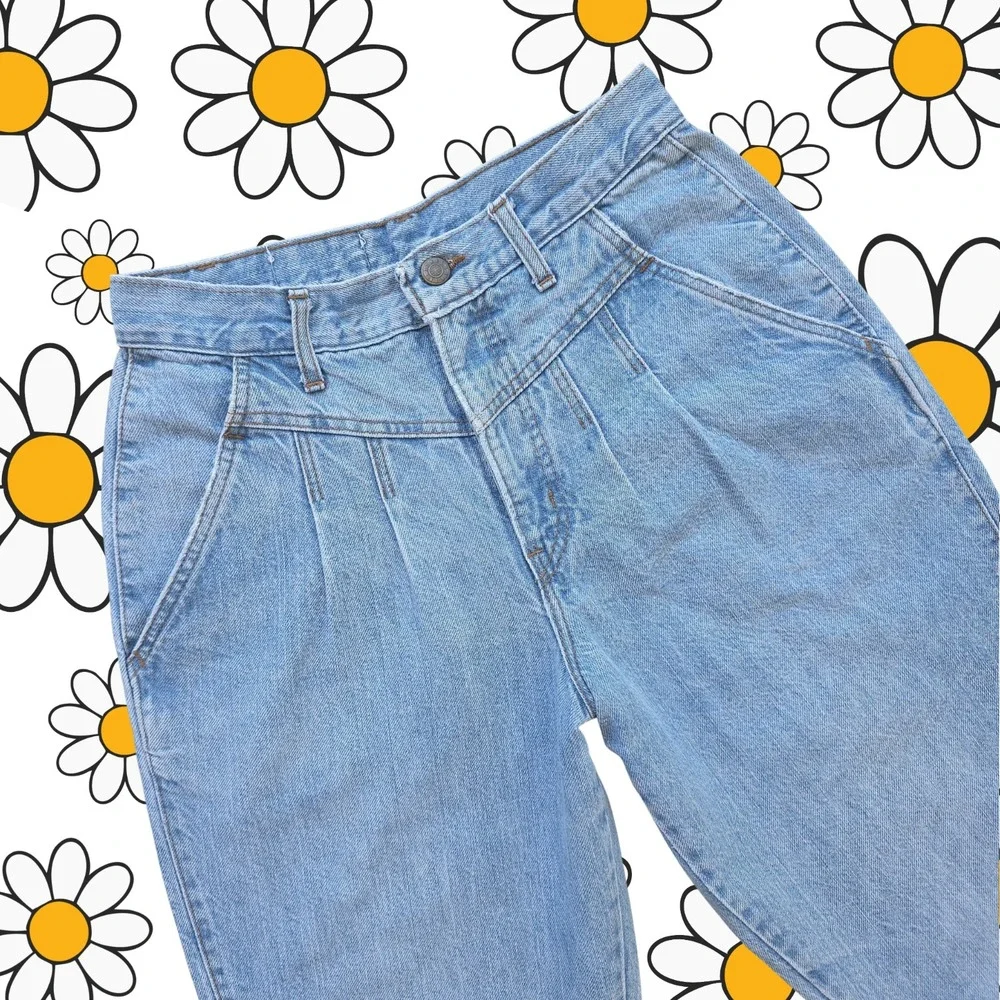 VTG Sunset Blues Jeans Size 26x27‎ High-Waisted Pleated Front Barrel Leg 80s USA